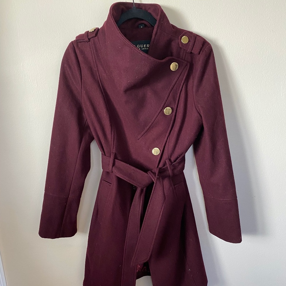 GUESS Asymmetrical Belted Wrap Coat (Wine)